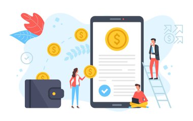 Para transferi, cashback, dijital cüzdan uygulaması, online işlemler, mobil bankacılık kavramları. Hareket eden altın sikkeler ile insan ve cep telefonu grubu. Modern düz tasarım. Vektör çizimi