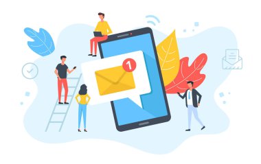 Cep telefonundaki kişiler ve e-posta iletisi. Online mesajlaşma, sosyal medya, telefon bildirimi, iş teknolojisi kavramları. Akıllı telefon ekranında e-posta mektubu. Modern düz tasarım. Vektör çizimi
