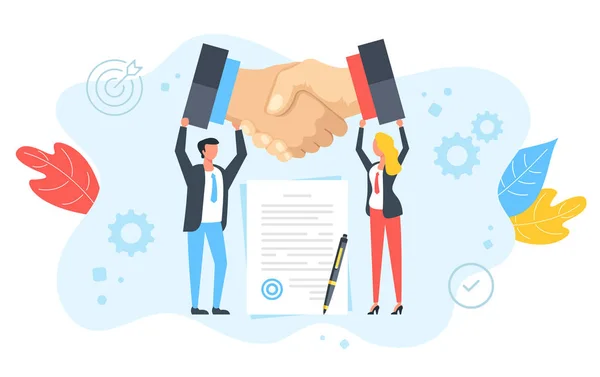 Handshake, cooperation, partnership, business relationship concepts. Business people holding shaking hands, agreement, contract document with stamp and pen. Modern flat design. Vector illustration