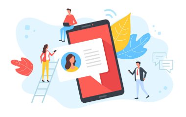 Mesajlaşma, sohbet, çevrimiçi mesajlaşma, SMS kavramları. İnsanlar ve cep telefonlarında konuşma balonu mesajı var. Modern düz tasarım. Vektör illüstrasyonu