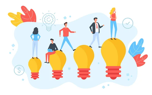 Persone Che Camminano Seduti Piedi Lampadine Idea Creativa Brainstorming Lavoro — Vettoriale Stock