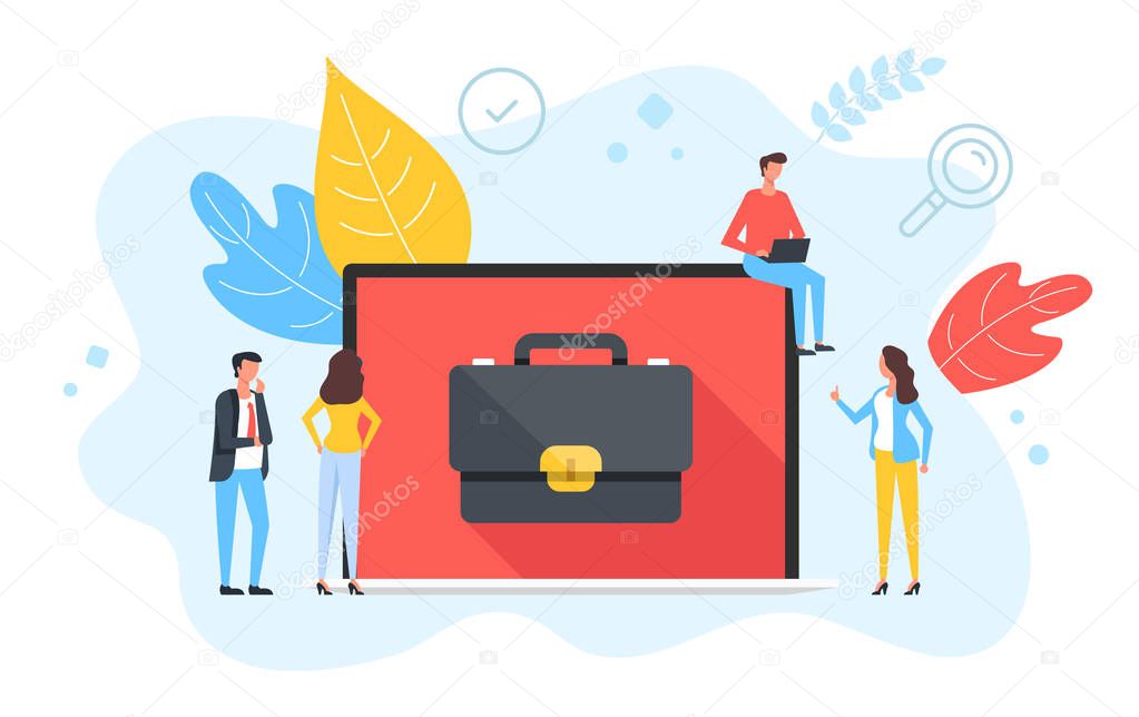 People and laptop with briefcase on screen. Employment, human resources, find job, business portfolio, office work concepts. Modern flat design. Vector illustration