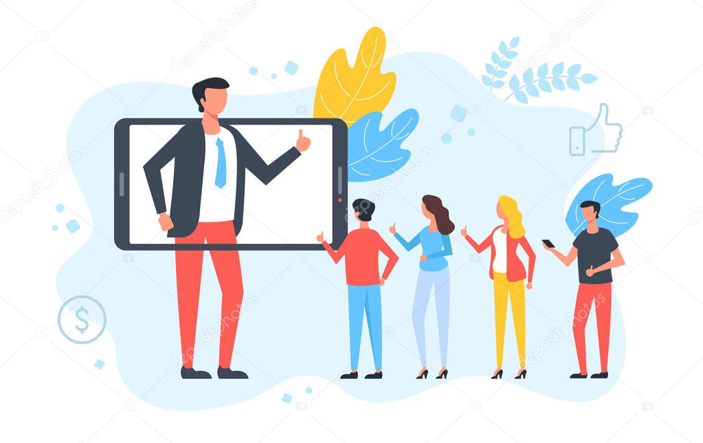 Influencer. Social media marketing, promotion, blogging, advertising, followers concept. Man on mobile phone screen showing like gesture, people with thumbs up. Modern flat design. Vector illustration