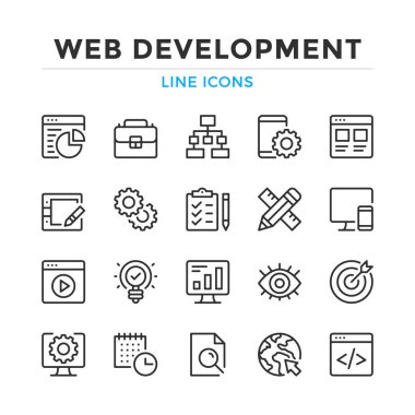 Web geliştirme çizgisi simgeleri ayarlandı. Modern taslak elementler, grafik tasarım konseptleri, basit semboller koleksiyonu. Vektör satırı simgeleri