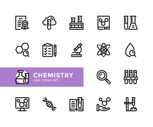 Chemie Vector Lijn Iconen Eenvoudige Set Van Outline Symbolen Grafisch — Stockvector