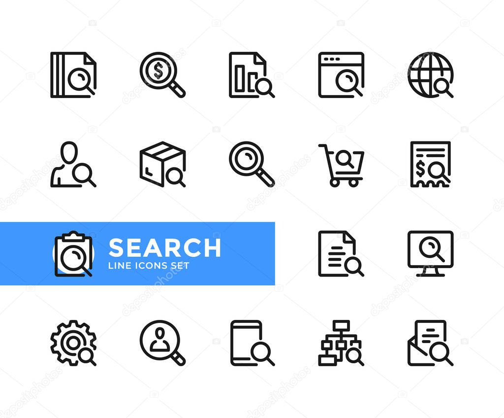 Search vector line icons. Simple set of outline symbols, graphic design elements. Line icons set. Pixel Perfect