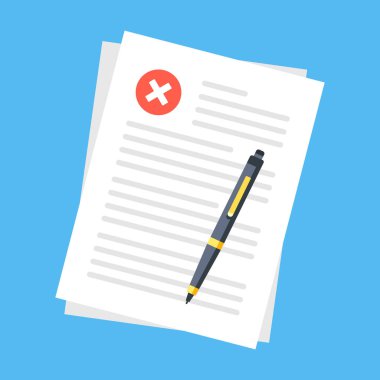 Çapraz işareti ve kalemi olan belge. Reddedilme, kötü kalite, denetim, onaylama, x işareti damgası, rapor kavramları. Üst Manzara. Modern düz tasarım. Vektör illüstrasyonu