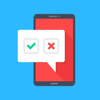 İşaretli ve işaretli akıllı telefon. Anket, seçim, çevrimiçi test, evet ve hayır, oylama kavramları. Kontrol işaretli ve x işaretli cep telefonu. Modern düz tasarım. Vektör illüstrasyonu