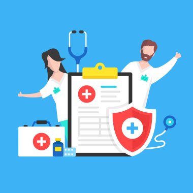 Sağlık hizmetleri. Sağlık sigortası, tıbbi bakım, hastane, danışma, talep formu konseptleri. Düz dizayn tıbbi illüstrasyon. Modern grafik elementler. Vektör illüstrasyonu