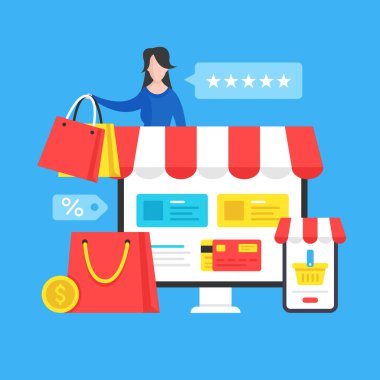 İnternetten alışveriş. Ticaret, internet perakendecisi, e-ticaret, pazar yeri, çevrimiçi mağaza kavramları. Modern düz tasarım grafik elementleri. Vektör illüstrasyonu