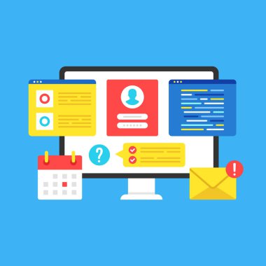 Programlama. Yazılım geliştirme, uygulama geliştirme, kodlama kavramları. Modern düz tasarım grafik elementleri. Vektör illüstrasyonu