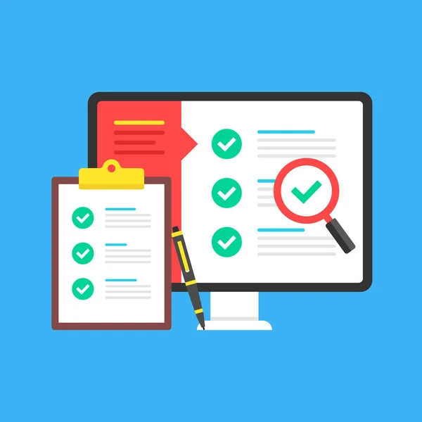 Checkliste Computer Mit Checkliste Auf Dem Bildschirm Und Zwischenablage Mit — Stockvektor