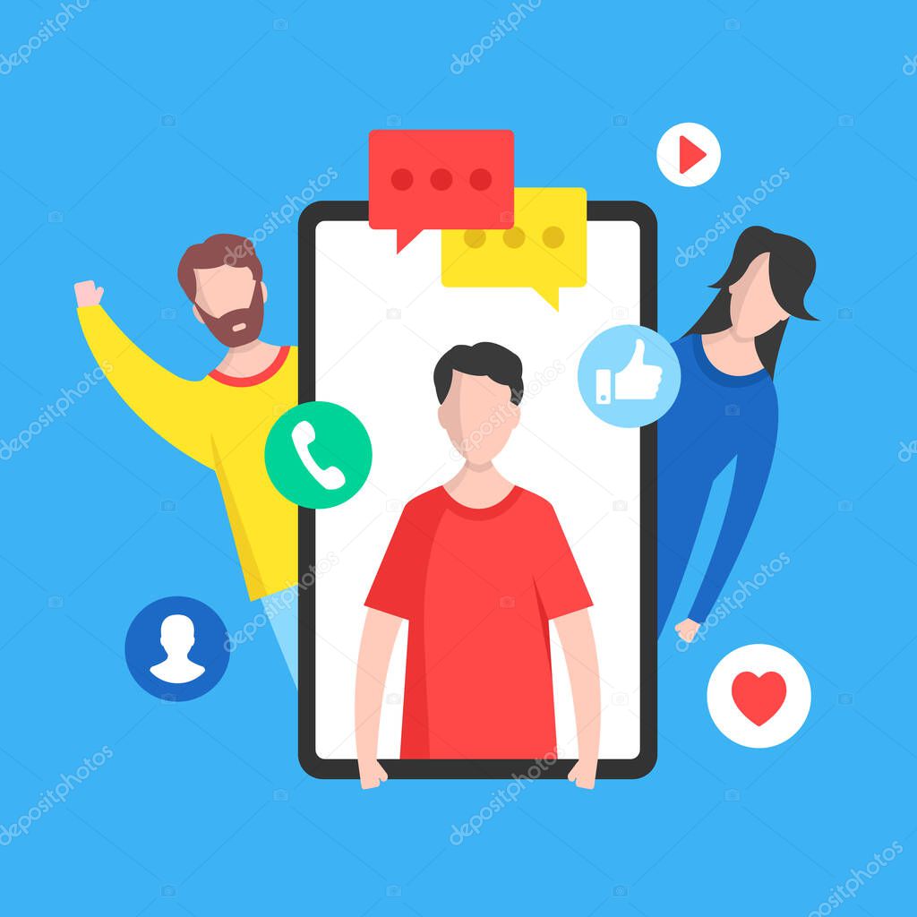 Online communication. Social network, online chat, text messaging, internet messenger mobile app concepts. People and mobile phone. Modern flat design graphic elements. Vector illustration