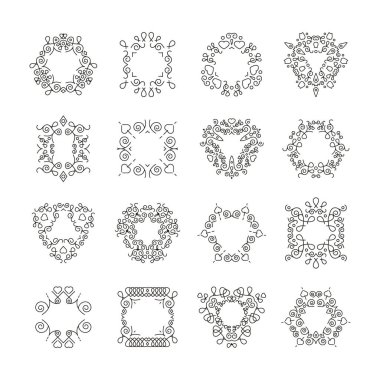 Vektör süslemeleri ayarlandı. Dekoratif kaligrafik tasarım elementleri. Siyah renk. Vektör illüstrasyonu beyaz arkaplanda izole edildi