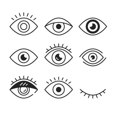 Göz simgeleri. Açık ve kapalı göz sembolleri. Taslak stili, doğrusal grafik tasarım elemanları. Vektör satırı simgeleri ayarlandı