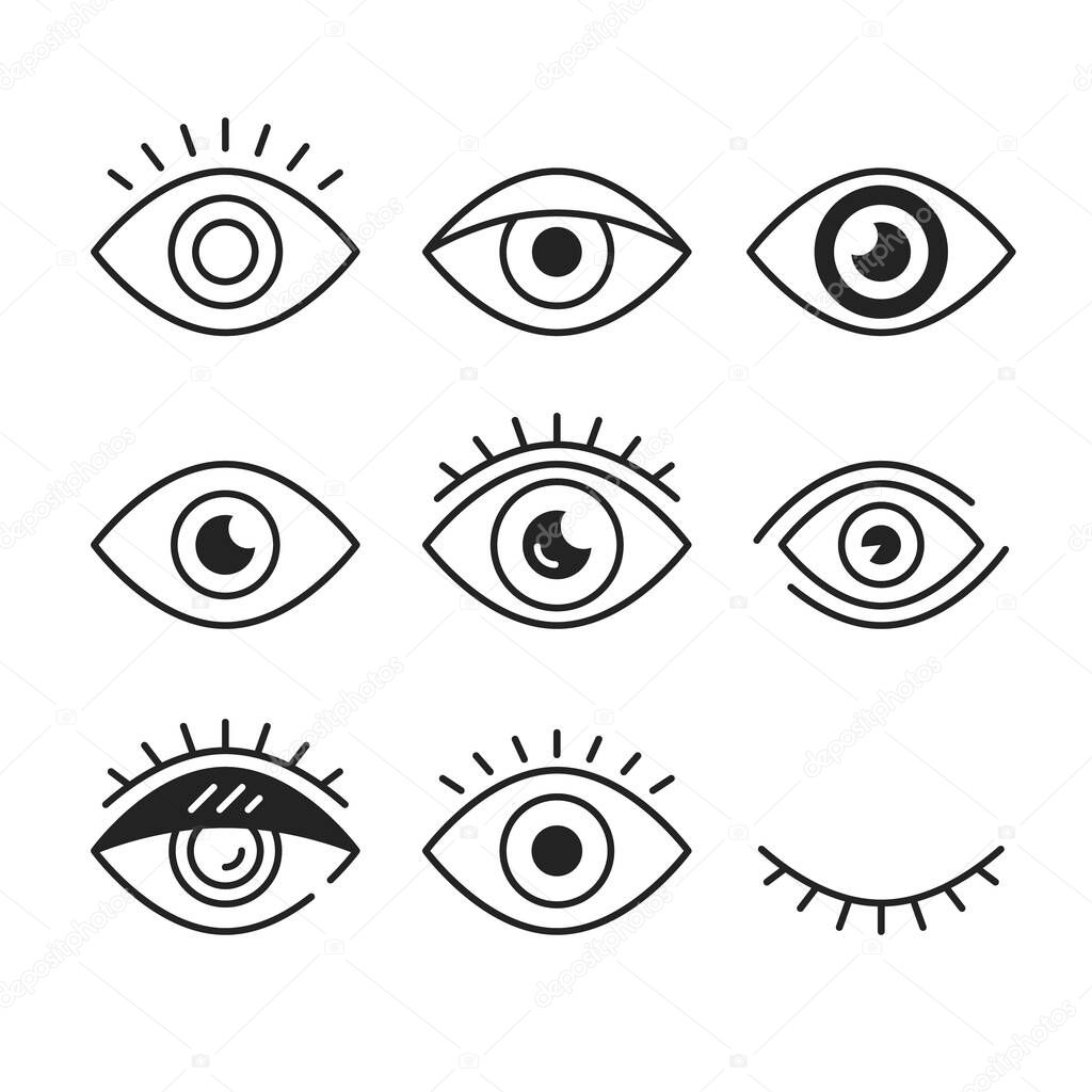 Eye icons. Open and closed eyes symbols. Outline style, linear graphic design elements. Vector line icons set