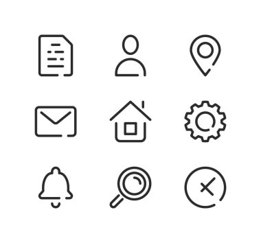 Temel çizgi simgeleri ayarlandı. Modern grafik tasarım kavramları, siyah çizgi doğrusal semboller, basit ana hatlar ögeleri koleksiyonu. Vektör satırı simgeleri