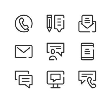 İletişim hattı simgeleri ayarlandı. Modern grafik tasarım kavramları, siyah çizgi doğrusal semboller, basit ana hatlar ögeleri koleksiyonu. Vektör satırı simgeleri