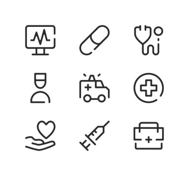 Acil servis çizgisi simgeleri ayarlandı. Modern grafik tasarım kavramları, siyah çizgi doğrusal semboller, basit ana hatlar ögeleri koleksiyonu. Vektör satırı simgeleri