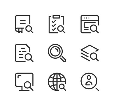 Arama çizgisi simgeleri ayarlandı. Modern grafik tasarım kavramları, siyah çizgi doğrusal semboller, basit ana hatlar ögeleri koleksiyonu. Vektör satırı simgeleri