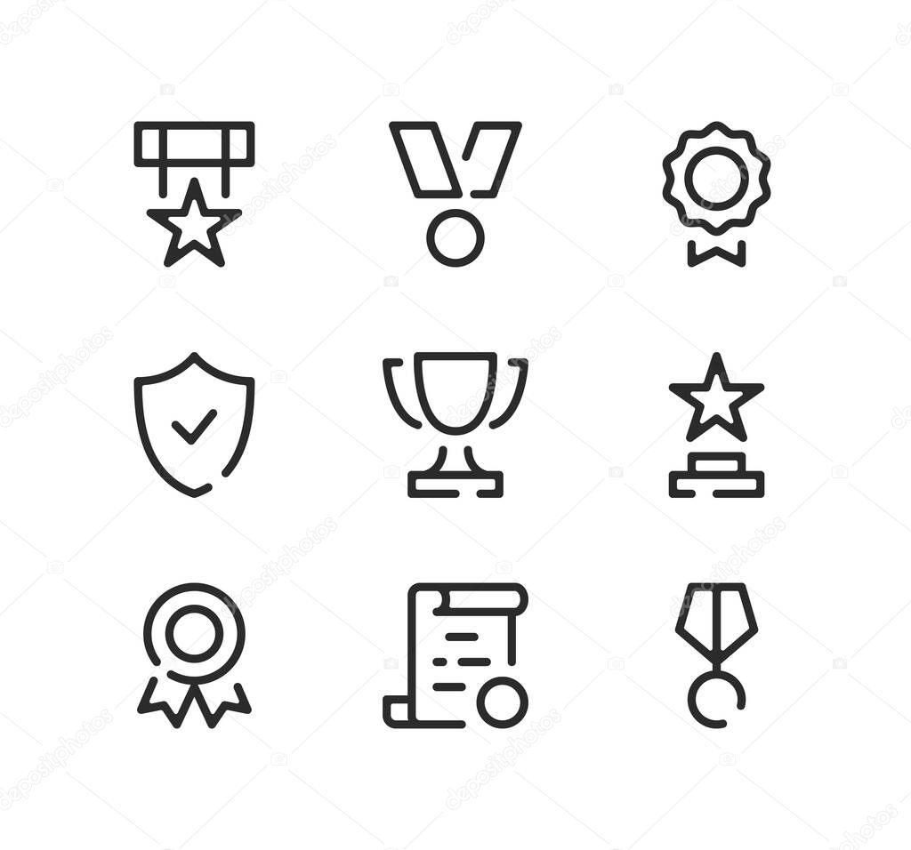 Awards line icons set. Modern graphic design concepts, black stroke linear symbols, simple outline elements collection. Vector line icons