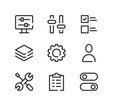 Ayarlar satır simgeleri ayarlandı. Modern grafik tasarım kavramları, siyah çizgi doğrusal semboller, basit ana hatlar ögeleri koleksiyonu. Vektör satırı simgeleri