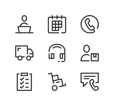 Servis servis destek çizgisi simgeleri ayarlandı. Modern grafik tasarım kavramları, siyah çizgi doğrusal semboller, basit ana hatlar ögeleri koleksiyonu. Vektör satırı simgeleri