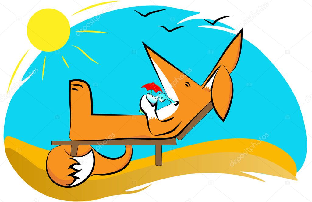 Fox sunbathing lying on a deckchair, drinking a soft cocktail under the sun and singing gulls.