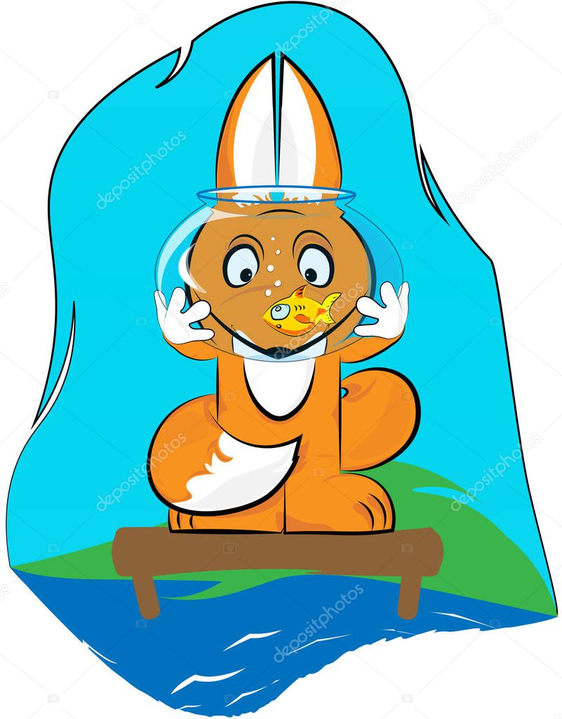 A red fox on the dock holds a round aquarium with a yellow fish  