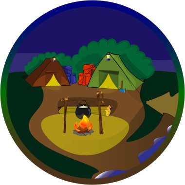 Romance of a night camp with a campfire on the beach. clipart