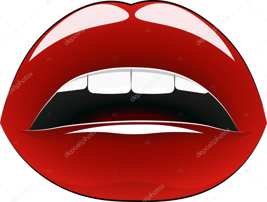 Chic wet lips - red, on a white background, with beautiful white even teeth.