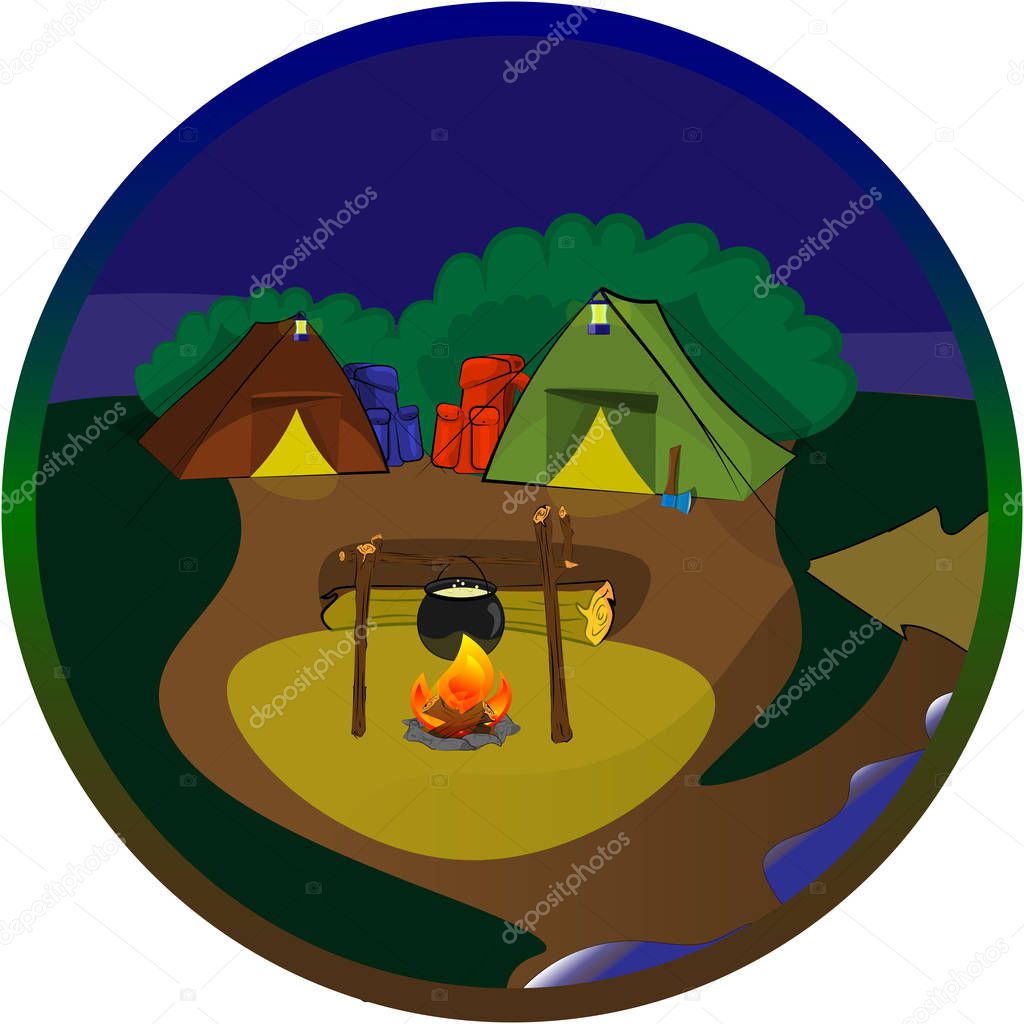 Romance of a night camp with a campfire on the beach.