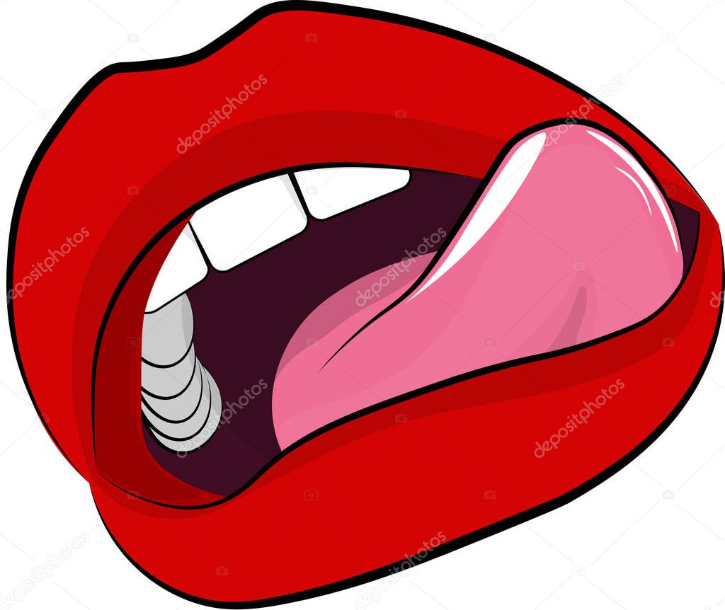 Lips - red with tongue, on an isolated white background.