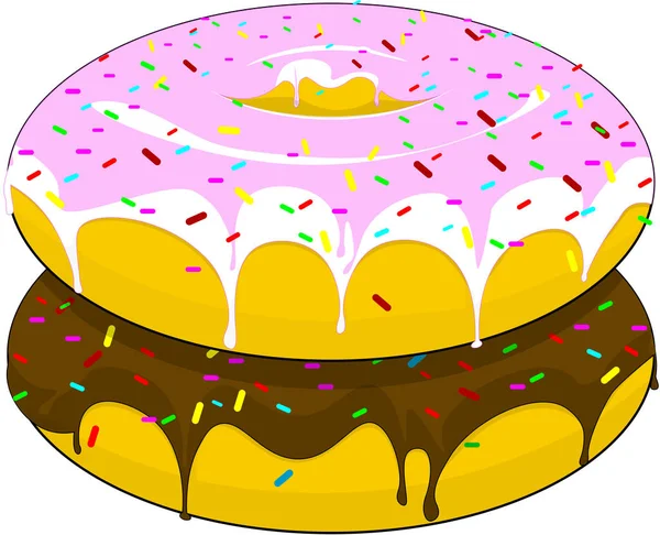 两个美丽的甜甜圈 冰和巧克力洒在糖果 躺在另一边 在一个孤立的背景 — 图库矢量图片