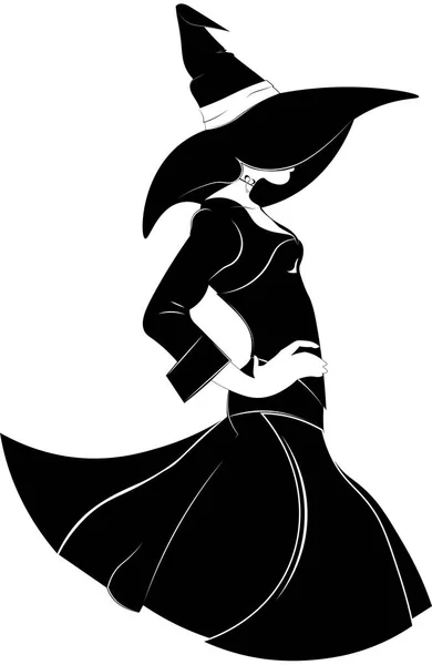 Silueta Blanco Negro Una Bruja Moda Vestido Sombrero Con Alas — Vector de stock