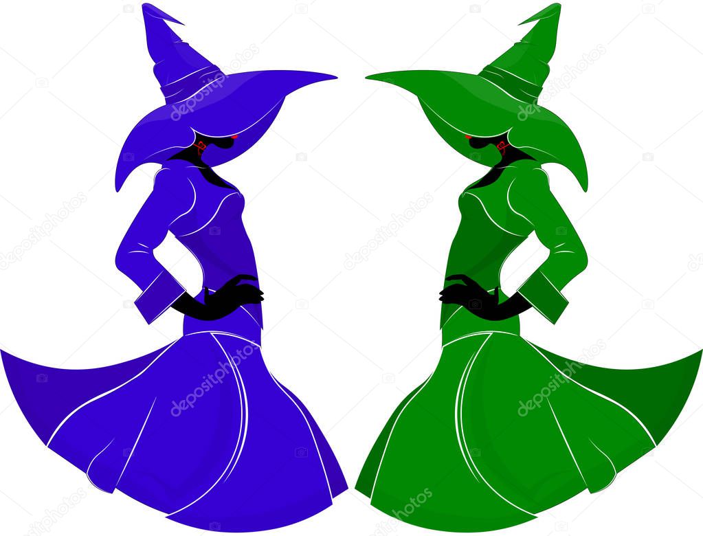 Silhouette of a slender witch in a dress and a hat with wide brims in a fashion style, in blue and green on an isolated background.