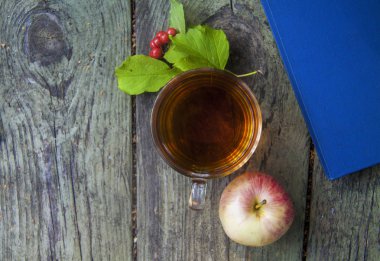 Sonbahar ahşap arka plan dinlenme fincan çay, elma ve eldiven ile okuma, parkta yürümek