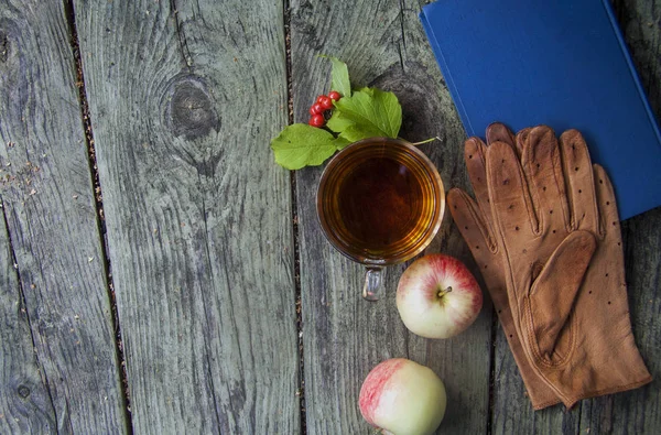 Sonbahar ahşap arka plan dinlenme fincan çay, elma ve eldiven ile okuma, parkta yürümek