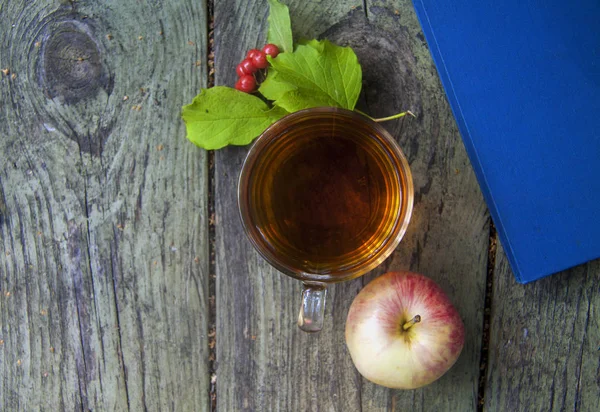 Sonbahar ahşap arka plan dinlenme fincan çay, elma ve eldiven ile okuma, parkta yürümek