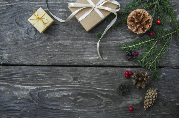 Natale festivo sfondo vista dall'alto con struttura tavolo in legno — Foto Stock