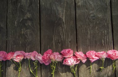 Rustik ahşap zemin üzerine pembe romantik güller