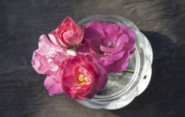 Ahşap rustik zemin üzerine pembe gül buketi