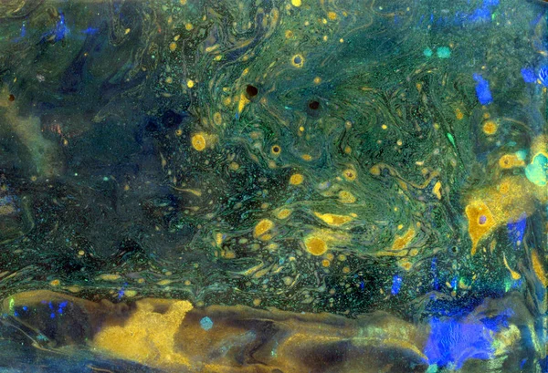 Abstraktes Schwarz Grün Gelb Fluid Art Marmor Textur, Acryl — Stockfoto