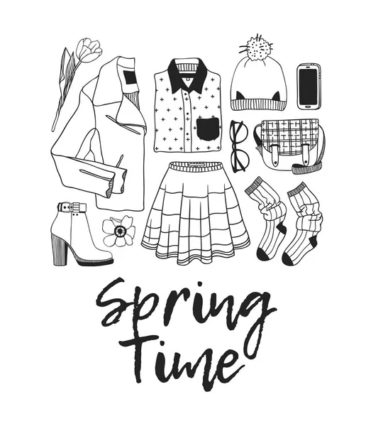 手描きの春のファッション図摩耗と春の時間の引用 実際シーズンのベクトルの背景 黒と白の芸術楽勝の革のジャケット スカート バッグ テキストの描画します 創造的なアート作品 — ストックベクタ