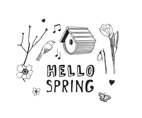 Hand Getekend Spring Fashion Illustratie Slijtage Offerte Hello Spring Huidige — Stockvector