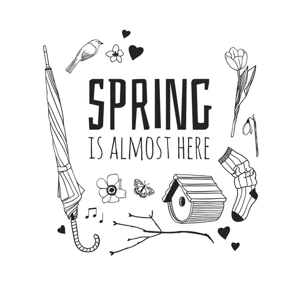 Dibujado Mano Primavera Moda Ilustración Desgaste Cotización Primavera Está Casi — Vector de stock