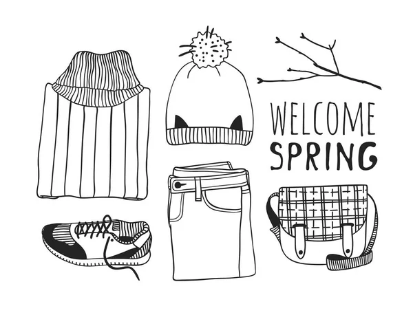 手描きの春のファッションの図摩耗と引用歓迎春 実際シーズンのベクトルの背景 黒と白の芸術的な楽勝図面ジーンズ スニーカー バッグおよびテキスト 創造的なアート作品 — ストックベクタ