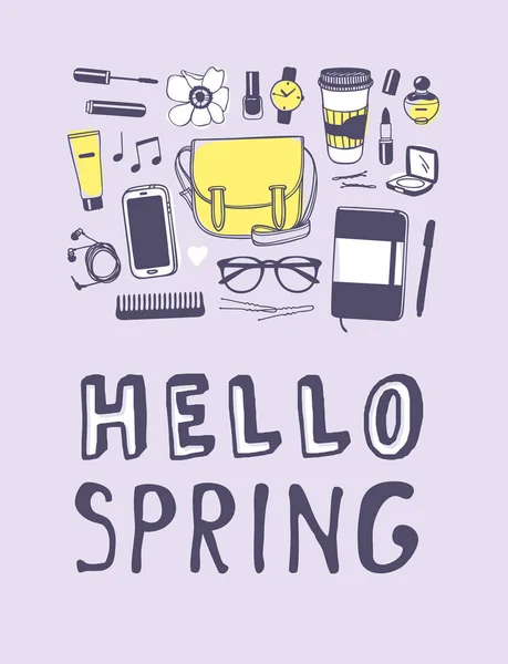 Hand Getekend Spring Fashion Illustratie Slijtage Offerte Hello Spring Werkelijke — Stockvector