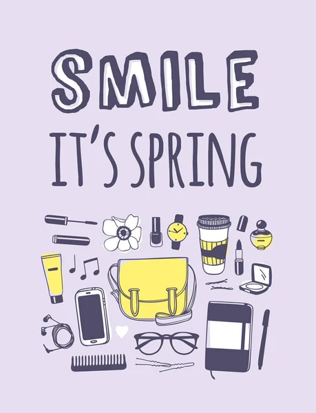 Handgezeichnete Frühlingsmodenillustration Und Zitat Lächeln Ist Frühling Aktueller Saisonvektor Auf — Stockvektor