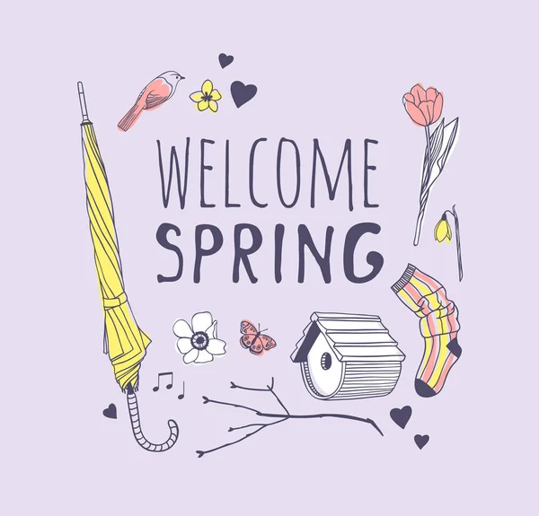 Handgezeichnete Frühlingsmodenillustration Tragen Und Zitieren Willkommenen Frühling Aktueller Saisonvektor Auf — Stockvektor